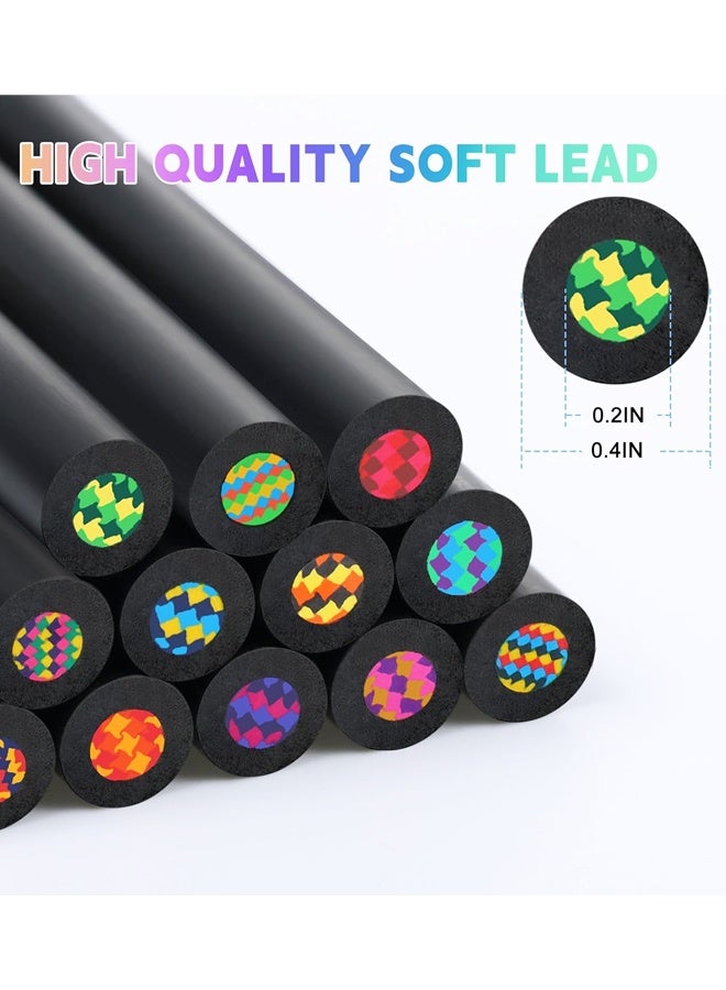 أقلام تلوين بألوان قوس قزح، ١٢ لونًا، مناسبة للأولاد والبنات، أقلام تلوين خشبية سوداء متعددة الألوان، كمية كبيرة للتلوين والرسم والتخطيط. - Image 3